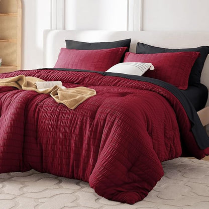 MUXHOMO 5 Pieces Twin Comforter Set, Seersucker Bed in a Bag Twin Size, All Season Luxury Bedding Set with Comforter, Flat Sheet, Fitted Sheet, Pillowcase & Sham, Red & Black
