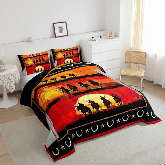 Feelyou Orange Western Decor Comforter Twin Size Wild Western Cowboy Comforter Set for Boys Girls Children Horse Setting Sun Patchwork Bedding Set Room Decor Horseshoes West Texas Star Duvet Set 2Pcs