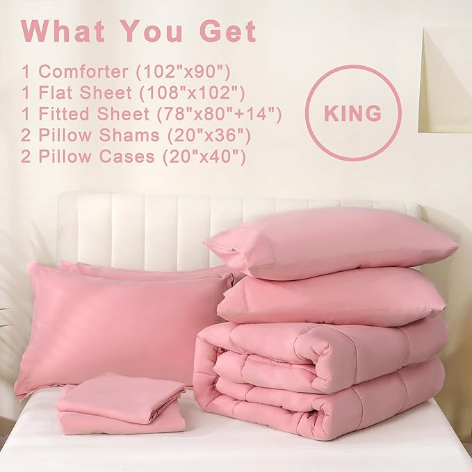 DOWNCOOL King Size Comforter Set, 7Pcs Bedding Comforter Sets Pink, All Season Down Alternative Bedding Comforter Sets with Comforter, Flat Sheet, Fitted Sheet, 2 Pillow Shams & 2 Pillowcases