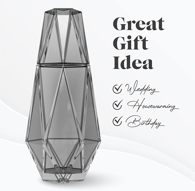 American Atelier 37 oz Modern Geometric Bedside Carafe & Cup Set – 9" Glass Water Carafe with Lid for Nightstand, Office, Guest Room, Hydration, Juice & Mouthwash Storage, Stylish Drinkware (Grey)