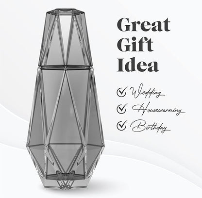 American Atelier 37 oz Modern Geometric Bedside Carafe & Cup Set – 9" Glass Water Carafe with Lid for Nightstand, Office, Guest Room, Hydration, Juice & Mouthwash Storage, Stylish Drinkware (Grey)