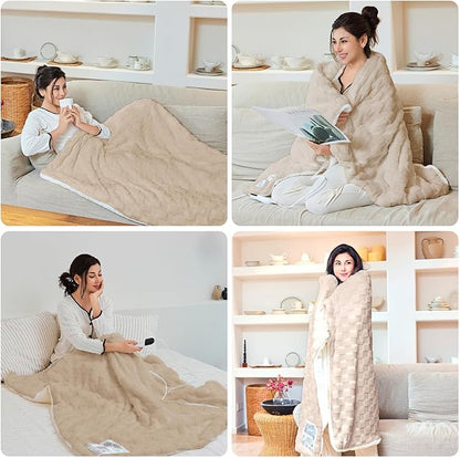 Heated Blanket 84" x 90" with 6 Heating Levels 10 Hours Time Setings and Auto-Shut Off, Soft Checked Flannel Fast-Heating Electric Blanket, Khaki