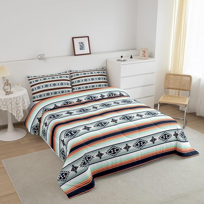 Erosebridal Boho Aztec Comforter Set Bohemian Stripes Bedding Set Toddler Size,Ethnic Tribal Mexican Style Bedding Comforter Sets for Kids Adults American Native Southwestern Quilt Duvet 2 Pcs