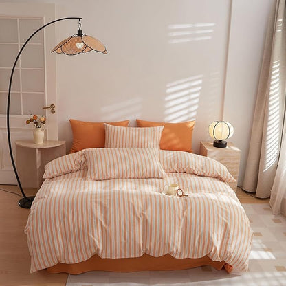 HighBuy King Comforter Set Gingham Geometric Pattern Bedding Set King Orange Striped Plaid Comforter Set Patchwork Design for Women Men All Season Comfortable Bedding Sets Queen Lightweight