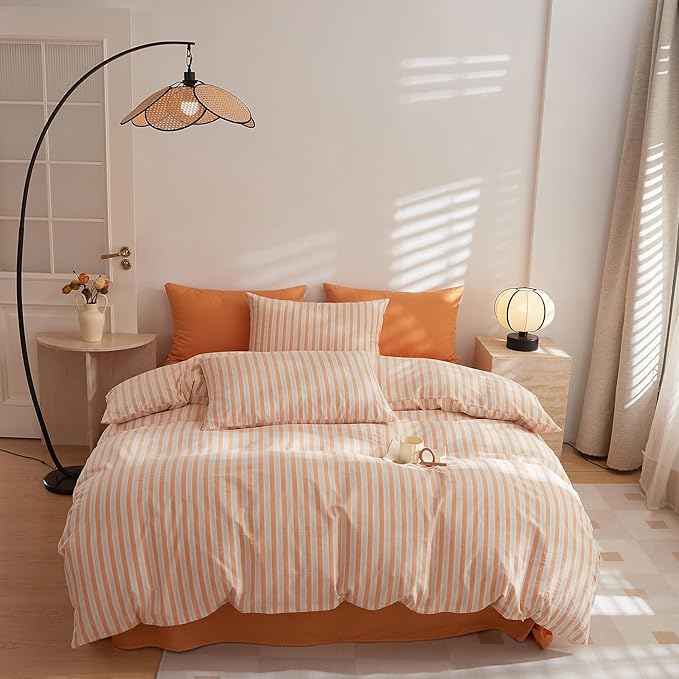 HighBuy Gingham Queen Size Comforter Set Orange Grey Striped (90x90 Inch) Gingham Comforter Set 3 Pieces Modern Chic Comforter Bedding Set Striped Queen Geometric Fluffy Home Decoration