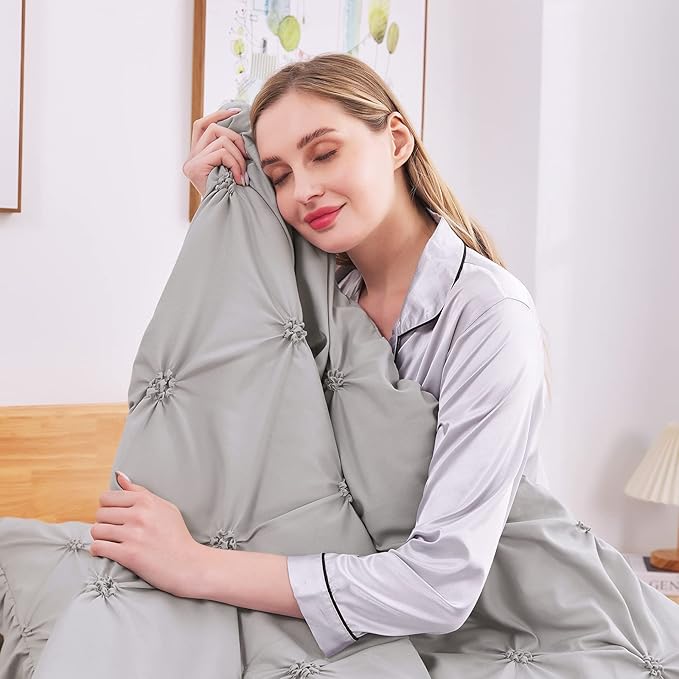 JOLLYVOGUE Gray Bed in a Bag Comforter Set for Bedroom, Pintuck Full Size Comforter Sets 7 Pieces,Beddding Sets with Comforter, Sheets,Ruffled Shams & Pillowcases