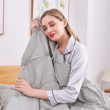 JOLLYVOGUE Gray Bed in a Bag Comforter Set for Bedroom, Pintuck Full Size Comforter Sets 7 Pieces,Beddding Sets with Comforter, Sheets,Ruffled Shams & Pillowcases