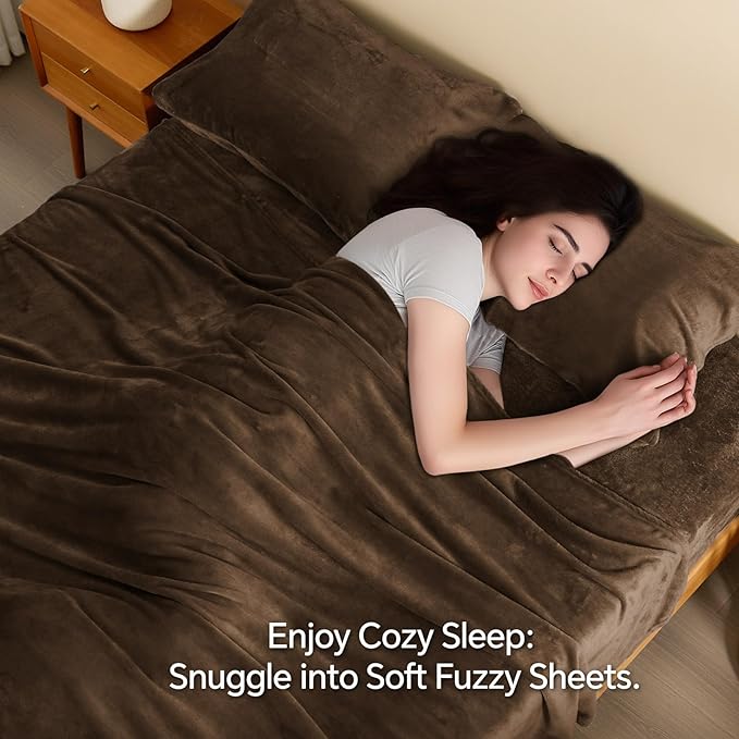 BEDELITE Flannel Sheets Twin Size Brown - Super Soft Fleece Sheets Set Fluffy Extra Plush, 3 Piece(Include Fitted Sheet, Flat Sheet, 1 Pillowcase)