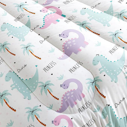 Cartoon Dinosaur Comforter Sets Bedding Sets for Kids,Pink Violet Dinos Comforter Sets Twin Size，All Season 1 Comforter and 2 Pillowcases
