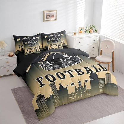 Erosebridal Football Twin Bed in A Bag for Boys Girls,American Rugby Sports Games Bedding Set 7 Pcs Football City Comforter Set with Sheets Black Beige Ombre Bed Set for Kids Teen Adults