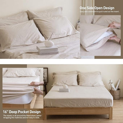Simple&Opulence Belgian Linen Sheet Set Solid Color - 6 Pieces (1 Flat Sheet & 1 Fitted Sheet & 4 Pillowcases) 16" Deep Pocket Natural Flax Cotton Blended Soft Bedding - Linen, Queen Size