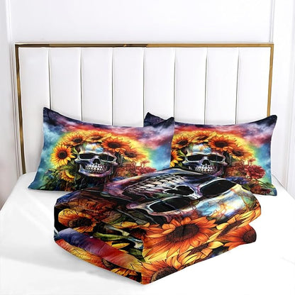 Gothic Skull Comforter Set Twin Size, Boho Hippie Sunflower Bedding Set for Colorful Tie-dye Bedroom Decor, 3Pcs Soft Microfiber Set, 68 * 86