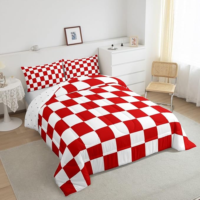 Feelyou Checkered Retro Bedding Set Teen Women Men Red White Plaid Comforter Set Queen Size Kids Boys Girls Geometric Vintage Duvet Insert Modern Simple Groovy Aesthetic Room Decor