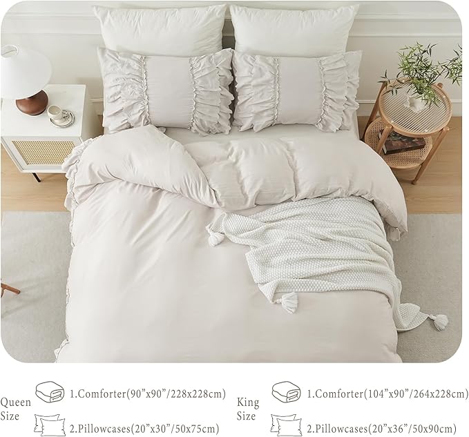 Herside Beige Boho Comforter Queen Size,Shabby Chic Ruffle Bedding Set,2 Layers Ruffles Fluffy Vintage Comforter Home Decor,Farmhouse 3 Pcs Microfiber Lightweight Quilt Set for Women Girls