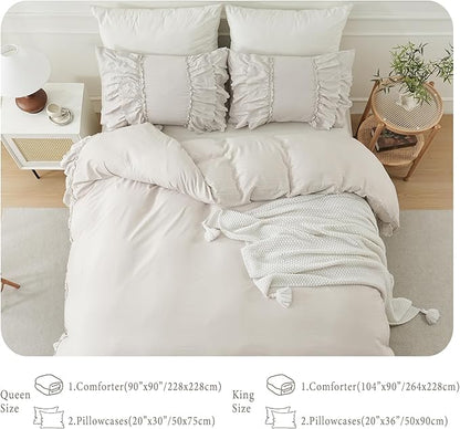 Herside Beige Boho Comforter Queen Size,Shabby Chic Ruffle Bedding Set,2 Layers Ruffles Fluffy Vintage Comforter Home Decor,Farmhouse 3 Pcs Microfiber Lightweight Quilt Set for Women Girls