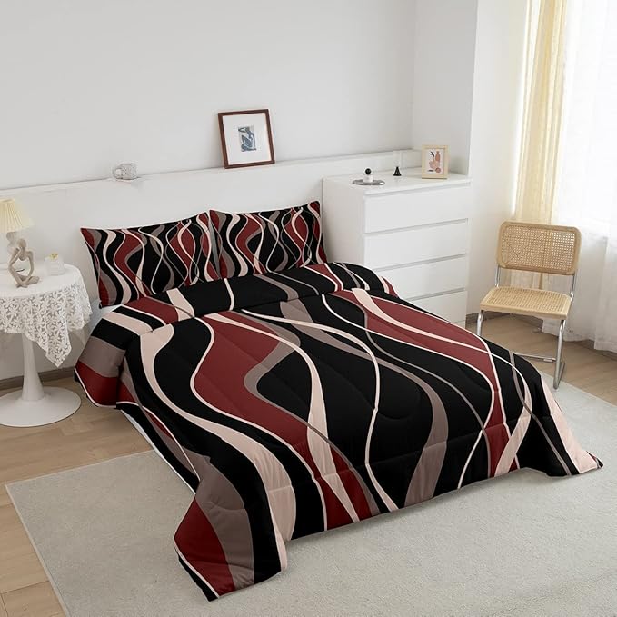 Erosebridal Geometric Bedding Sets King Modern Comforter Set, Aesthetic Stripe Duvet Insert Vintage Abstract Quilt Comforter, Red Pink Brown Black Bedding Comforters & Sets Soft Cozy Breathable 3pcs