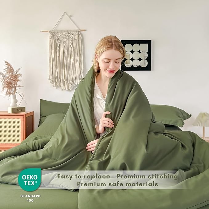 Twin/Twin XL Comforter Duvet Cover Set Olive Green - 7-Piece Bed in a Bag, Festive Gift Double Brushed Micorfiber All-Season Soft Bedding with Sheets & Envelope Pillowcases (68"x88",Twin)
