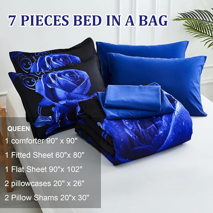 WONGS BEDDING Blue Comforter Set Queen 7 Pieces, Rose Pattern Bed in a Bag, Lightweight Soft Microfiber Bedding Sets with Comforter, Flat Sheet, Fitted Sheet, Pillowcases