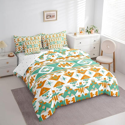 Erosebridal Western Bed in a Bag King Size Comforter Set 7 Pieces,Geometric Triangle Bedding Sets Vintage Indian Tribe Geometric Sheet Set with Comforter