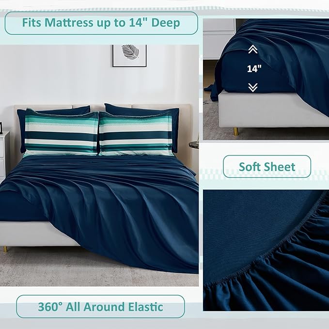 WONGS BEDDING Queen Comforter Set, Teal Comforter Set Queen, 7 Pieces Striped Bed in a Bag, Soft Micorfiber Bedding Set with Comforter, Flat Sheet, Fitted Sheet, Pillow Shams, Pillowcase