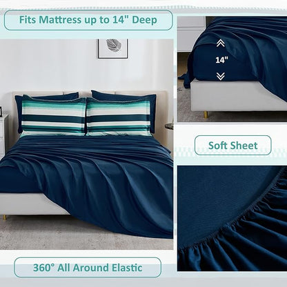 WONGS BEDDING Comforter Set King Size, Teal Striped Bed in a Bag, 7 Pieces Soft Lightweight Micorfiber Bedding Set with Comforter, Flat Sheet, Fitted Sheet, Pillow Shams, Pillowcase