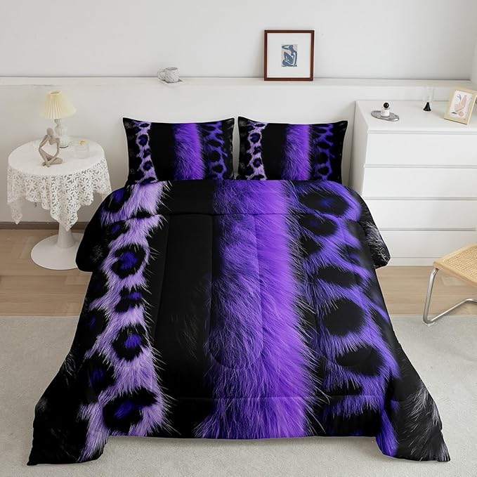 jejeloiu 3D Purple Leopard Bedding Set Queen Size Adult Leopard Comforter Set for Boys Girls Animal Print Duvet Set Wild Animal Fur Quilt Set 3Pcs