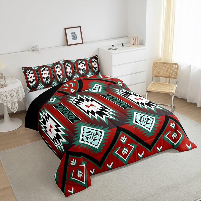 Feelyou Red Western Comforter Set Southwest Native Tribal Bedding Set Full Size for Kids Boys Girls Teens Room Decor Geometric Boho West Comforter Soft Microfiber