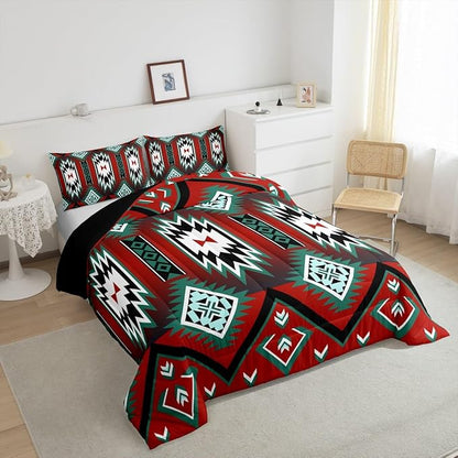 Feelyou Red Western Comforter Set Southwest Native Tribal Bedding Set Full Size for Kids Boys Girls Teens Room Decor Geometric Boho West Comforter Soft Microfiber