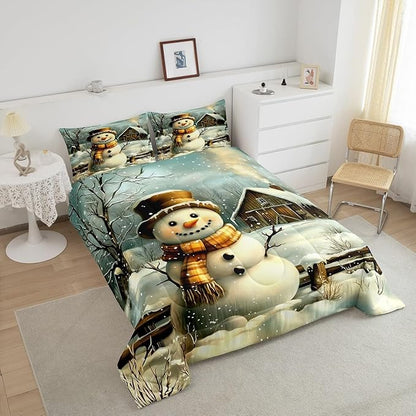 Cute Snowman Comforter Set Twin Size,Rustic Wooden Cabin Bedding Set 2Pcs for Kids Girls Boys Adult Room Decor,Vintage Style Winter Quilt Set Merry Christmas Duvet Insert,1 Pillowcase