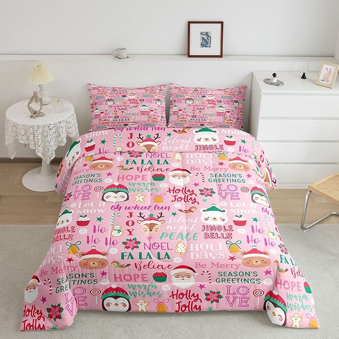 Pink Christmas Girls Bedding Set Twin Size Cute Santa Claus Penguin Cartoon Comforter Set 2pcs for Kids Boys Women Xmas Decor Wild Animals Deer Quilt Set Pink Fantasy Duvet Insert,1 Pillowcase