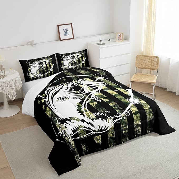 Bass Fishing Comforter Set - Big Pike Fish Camo Bedding for Boys Teens Men - Farmhouse Decor Duvet Insert - Army Camouflage American Flag Quilt - Fisherman Hunting Bedspread Queen