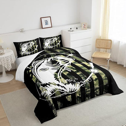 Bass Fishing Comforter Set - Big Pike Fish Camo Bedding for Boys Teens Men - Farmhouse Decor Duvet Insert Army Camouflage American Flag Quilt - Fisherman Hunting Bedspread King