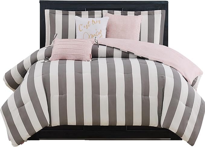 Juicy Couture – Comforter Set, Cabana Stripe Design, Twin Bedding, 5 Piece Set Includes 1 Comforter, 1 Sham and 3 Decorative Pillows, 100% Microfiber Polyester, Wrinkle Resistant