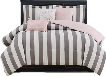 Juicy Couture – Comforter Set, Cabana Stripe Design, Twin Bedding, 5 Piece Set Includes 1 Comforter, 1 Sham and 3 Decorative Pillows, 100% Microfiber Polyester, Wrinkle Resistant