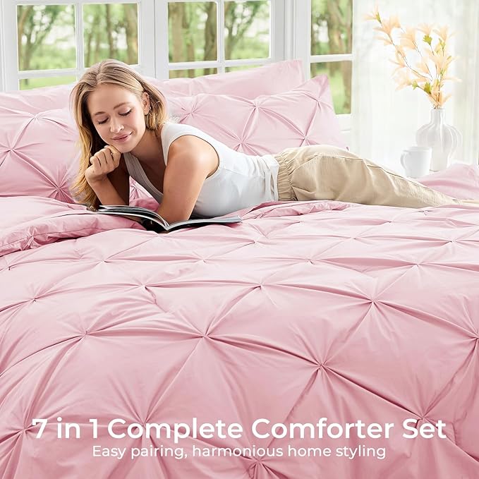 Sasttie Full Size Comforter Set, 7-Piece Bed in a Bag, Pintuck Bedding Set for All Season, Includes Comforter, Flat Sheet, Fitted Sheet, Pillowcases and Pillowshams, Baby Pink