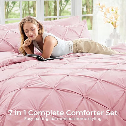 Sasttie Queen Comforter Set, 7-Piece Bed in a Bag, Pintuck Bedding Set for All Season, Includes Comforter, Flat Sheet, Fitted Sheet, Pillowcases and Pillowshams, Baby Pink