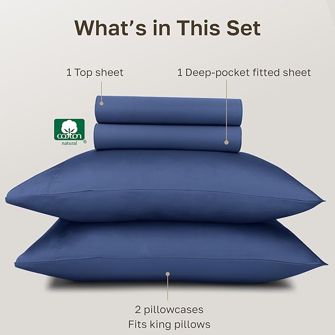 California Design Den King Size Sheets Set Deep Pockets - Certified Authentic 100% Egyptian Cotton Sheets King Size Sateen, Deep Pocket, Gripper Elastic, Breathable, Durable Luxury Bedding - Navy Blue