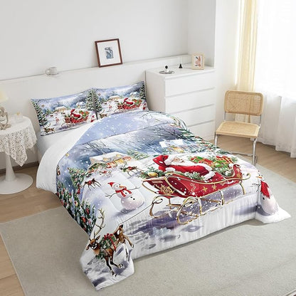 Merry Christmas Kids Comforter Set Queen Size,Santa Claus and Elk Sledge Bedding Set 3Pcs,Cute Snowman Xmas Tree Quilt Set Girls Boys Room Decor,Rustic Cabin Winter Duvet Insert,2 Pillowcases