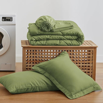 Love's cabin Twin Comforter Set Olive Green, 5 Pieces Twin Bed in a Bag, All Season Bedding Sets with 1 Comforter, 1 Flat Sheet, 1 Fitted Sheet, 1 Pillowcase and 1 Pillow Sham