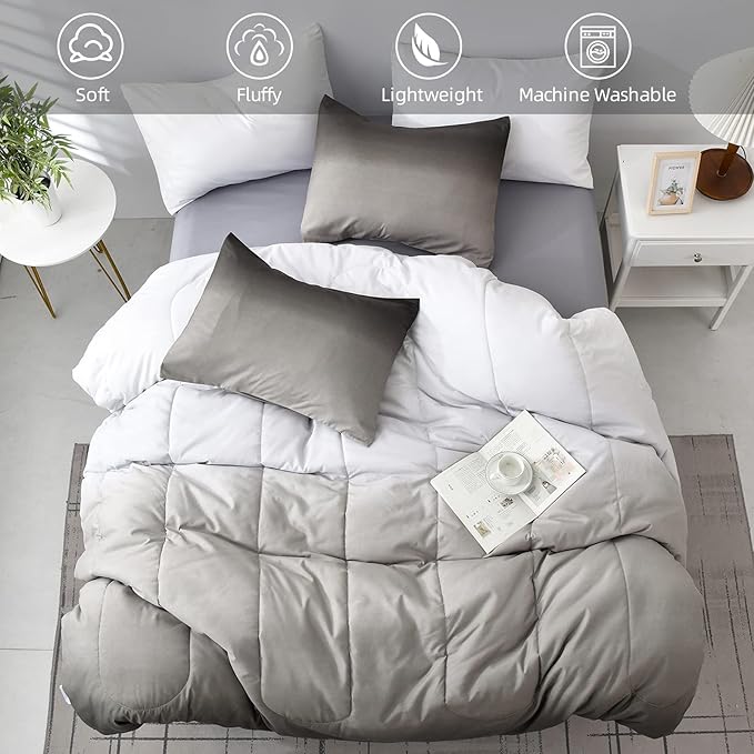 Anibedding 7 Pieces Grey Comforter Set King Size Gradient Black Gray White Bed in a Bag for King Bed - All Season Lightweight Microfiber Bedding Sets with Comforter for Women Men Teens (103" x90")