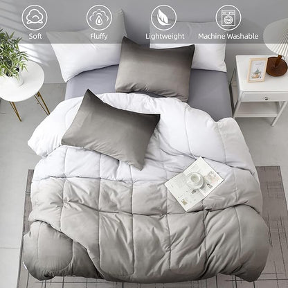 Grey Comforter Set Queen Size 7 Pieces Ombre Effects Gradient Black and Grey Bedding Bed in a Bag - All Season Lightweight Microfiber Bedding Sets with Comforter for Women Men Teens (90" x90")