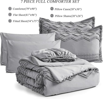 KAKIJUMN Grey Tufted Comforter Set Full Size 7 Piece Bed in a Bag, Shabby Chic Boho Comforter and Sheet Set, Pom Pom Textured Bed Set, All Season Soft Microfiber Complete Bedding Set(Grey,Full)