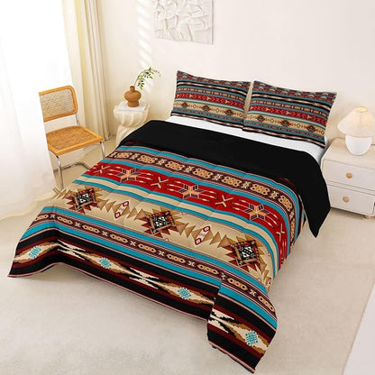 Aztec Bedding Set Ethnic Tribal Arrow Queen Comforter Set,Vintage Southwestern Native Bohemian Quilt,Western Star Duvet Insert Exotic Geometric Diamond Stripes Room Decor,Red Blue Dark Brown