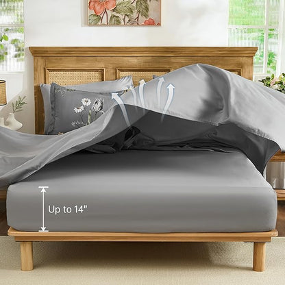 WONGS BEDDING King Comforter Set 7 Piece, Grey Floral Bed in a Bag Bedding Set with Botanical Flowers Patterns, Soft Lightweight Complete Comforters with Sheets for All Season