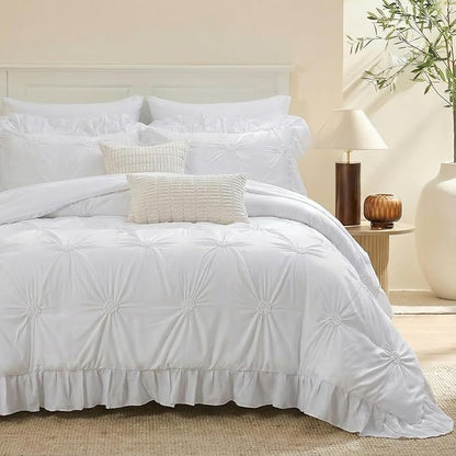 Bedbay White Ruffle Comforter Set Queen Size Boho Comforter Ruched Bedding 9 Pcs Queen Bed in a Bag Pintuck Pinch Pleat Bedding Set Elegant Ruffle Farmhouse Bed Set for All Seasons