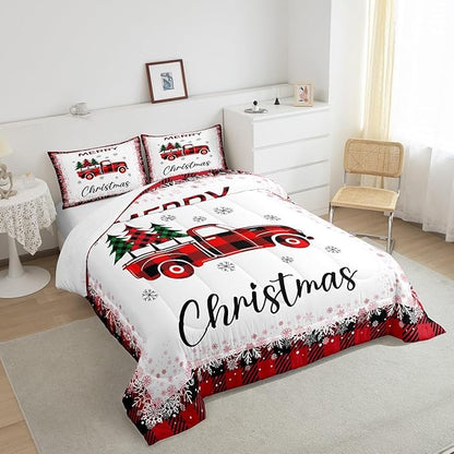 Christmas Truck Pine Tree Comforter Set Queen Size for Kids Girls Boys,Merry Christmas Bedding Set White Black Red Snowflake Patchwork Plaid Quilt Set Geometric Grid Duvet Insert,2 Pillowcases