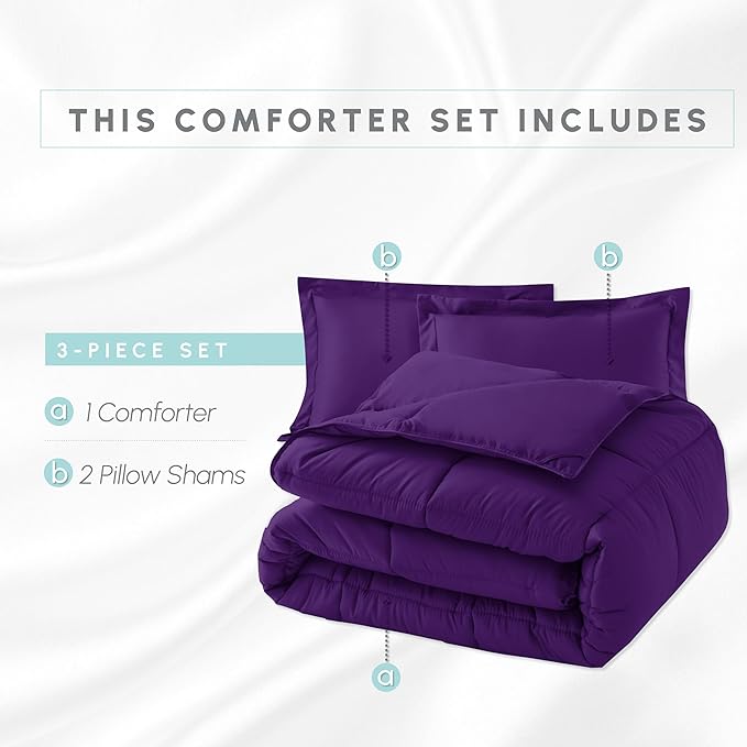 Elegant Comfort 3-Piece Box Stitched Down Alternative Comforter with Shams - Ultra Soft for All Season Duvet Insert with Corner Tabs, Plush Cozy 3PC Comforter Set, King, Purple