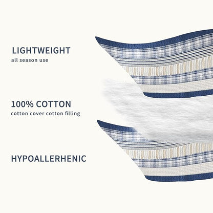 Homzard Twin Comforter- Blue Twin Bedding Sets, Plaid Striped Twin Quilt, Blue White Tan Quilt 100% Cotton, Farmhouse Comforter Bedspread 2 Pieces