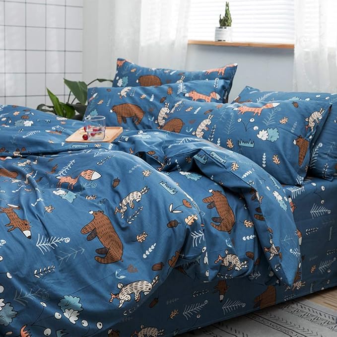 Houseri Blue Bear Twin Comforter Set 3 Pieces Toddler Boys Girls Navy Cartoon Woodland Bedding Sets Comfy Soft Kids Gift Fox Rabbit Forest Animal Painting Breathable Dark Color Bed Quilts Twin Size