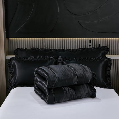 Satin Queen Comforter Set Silk Like Satin Bedding Set Hotel Soft Polyester Black Bed Set Luxury Silky Pillow Cover with Quilt Set Ruffle Down Comforter Home Decor